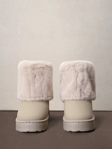 Hatastic Women's Thick Fleece Lined Warm Round Toe Mid-Calf Thick Sole Snow Boots, Plus Size, Autumn/Winter - Beige - View 2