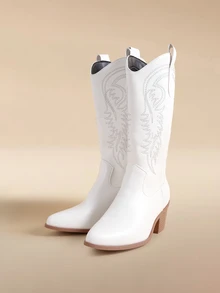 Glizzene Fall/Winter Women's Western Embroidered Vintage Cowgirl Boots, Mid-Calf V-Cut Chunky Heel Riding Boots, Cozy Winter, Christmas Gift - White - View 2