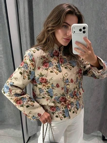 Women's Vintage Jacquard Jacquard Jacket, Elegant Autumn/Winter Stand Collar Short Jacket - Apricot - View 1
