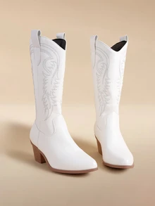 Glizzene Fall/Winter Women's Western Embroidered Vintage Cowgirl Boots, Mid-Calf V-Cut Chunky Heel Riding Boots, Cozy Winter, Christmas Gift - White - View 1