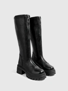 DareSee Women's Round Toe Chunky Boots, Front Zipper Design, All-Season Black Mid-Calf, Suitable For Daily Outdoor - Black - View 1