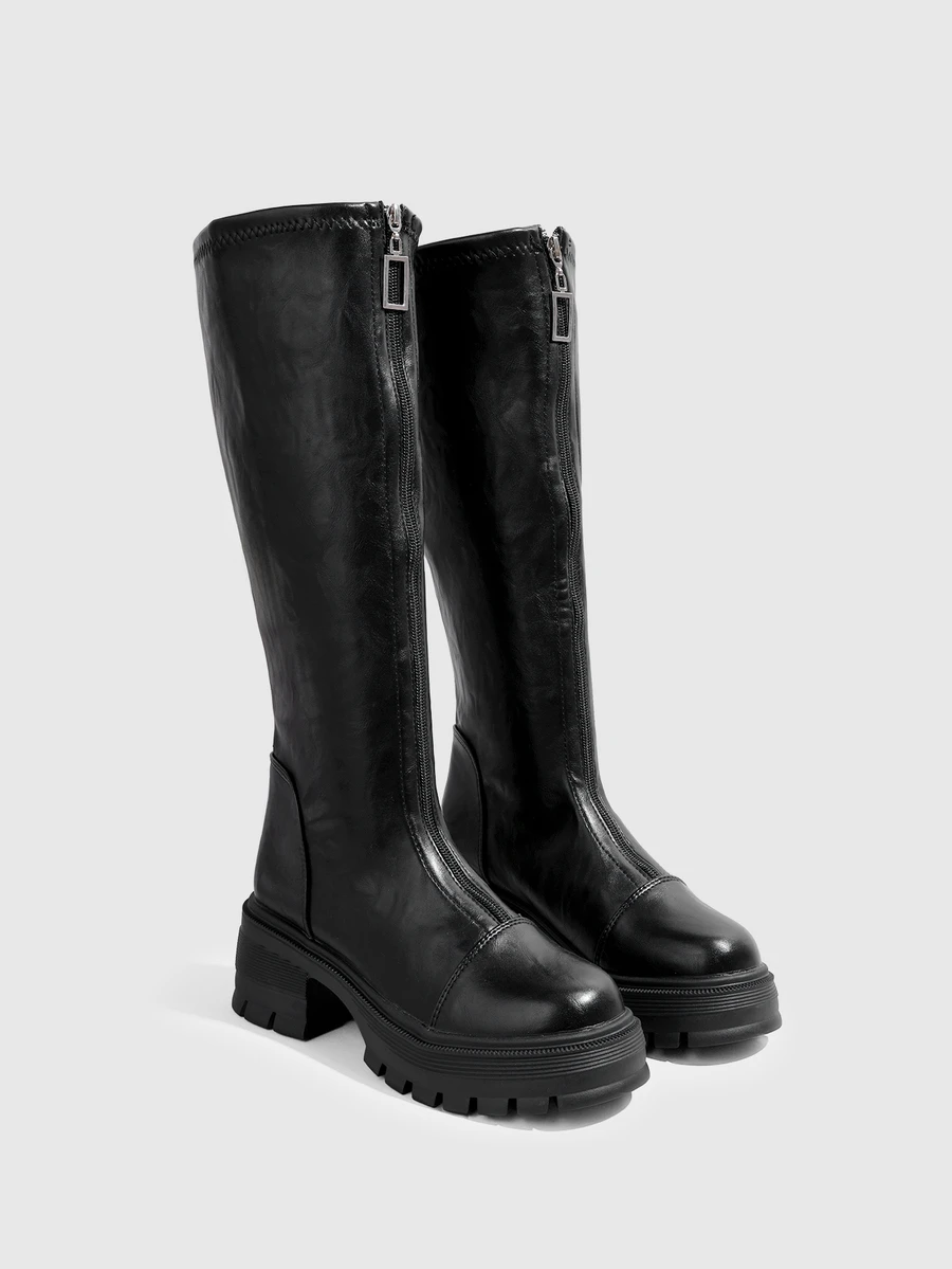 DareSee Women's Round Toe Chunky Boots, Front Zipper Design, All-Season Black Mid-Calf, Suitable For Daily Outdoor - Black - View 1