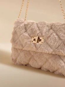Glizzene Fluffy Material Crossbody Bag, Women's New Fashion Versatile Chain Shoulder Bag, Furry Fluff Lock Small Square Bag - Khaki - View 4