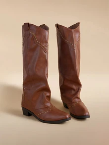 Glizzene Vintage Brown Rivet High Shaft Boots, French Style Women's Thick Heel Versatile Western Cowboy Boots, Cozy Winter, Christmas Gift - Brown - View 1