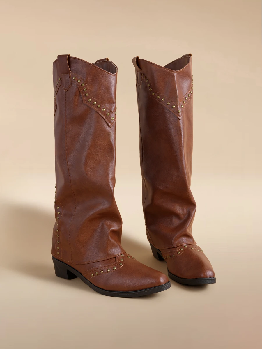 Glizzene Vintage Brown Rivet High Shaft Boots, French Style Women's Thick Heel Versatile Western Cowboy Boots, Cozy Winter, Christmas Gift - Brown - View 1