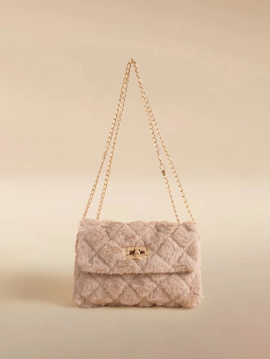 Glizzene Fluffy Material Crossbody Bag, Women's New Fashion Versatile Chain Shoulder Bag, Furry Fluff Lock Small Square Bag - Khaki - View 1