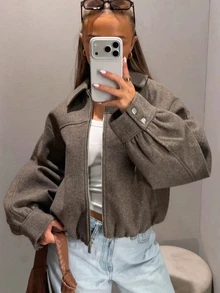 Women's Autumn Vintage Lapel Drop Shoulder Zipper Flight Jacket - Mocha Brown - View 1