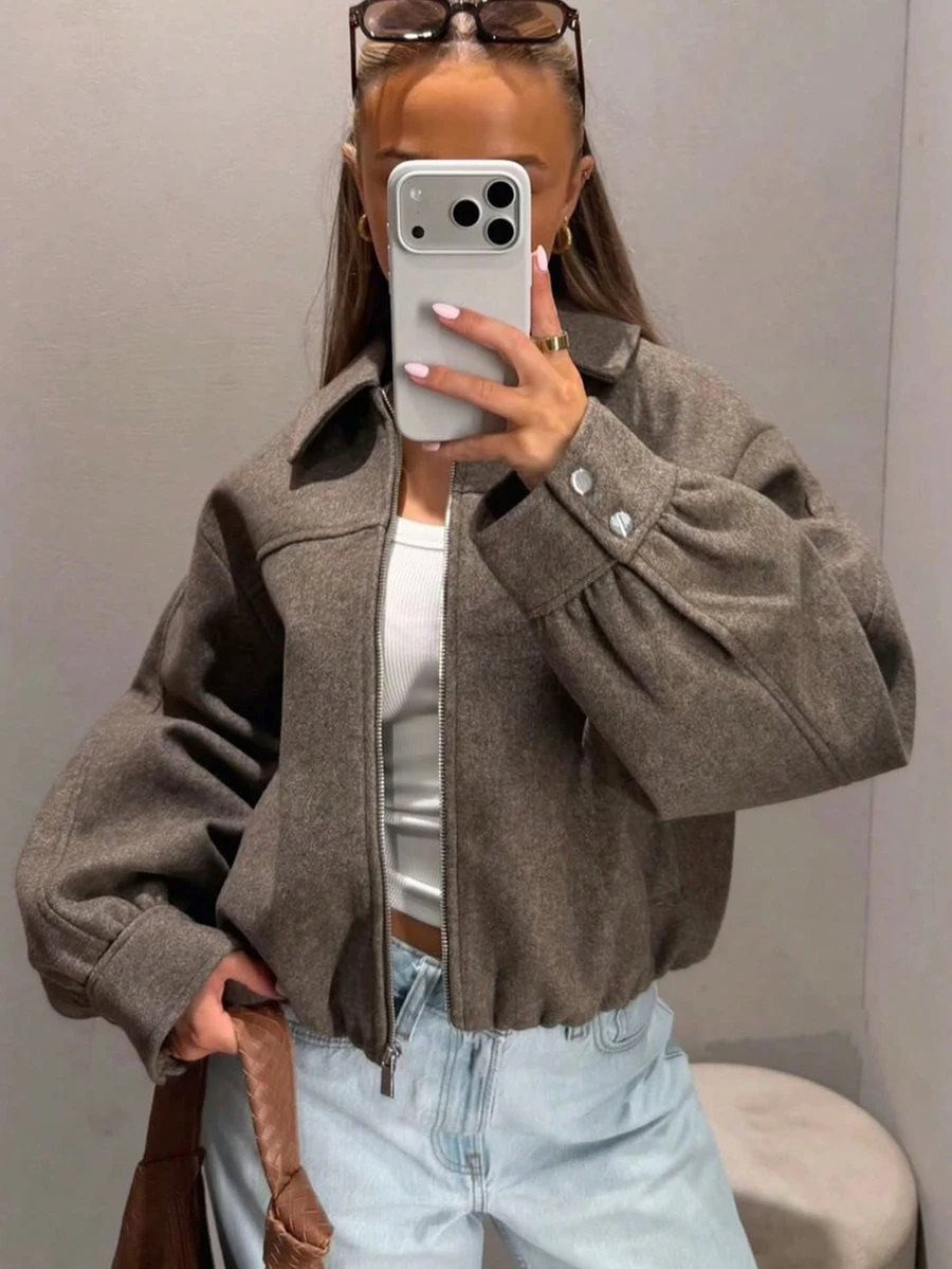 Women's Autumn Vintage Lapel Drop Shoulder Zipper Flight Jacket - Mocha Brown - View 1