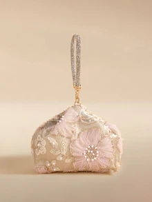 Glizzene 香檳色花卉珍珠珠飾手拿包，水鑽手腕包，女士網紗晚宴包 - 香檳色 - 查看 2