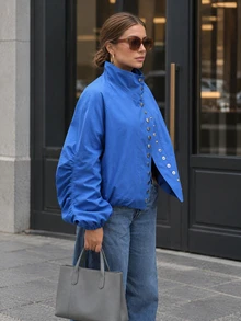 Solstice Apparel Klein Blue Stand Collar Jacket, Asymmetric Metal Button Ruched Balloon Sleeve Coat - Blue - View 2