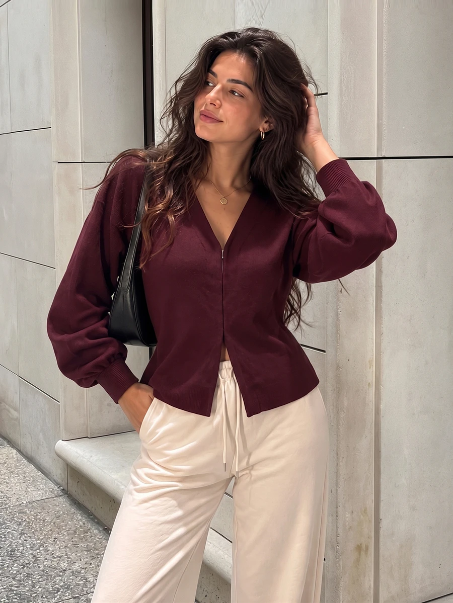 Women's Simple Solid Color Casual Knit Fitted Jacket Elegant Fall - Burgundy - View 1