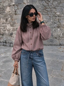 Women's Vintage Plaid Shirt, Halloween Puff Sleeve Casual Autumn Top - Red - View 3