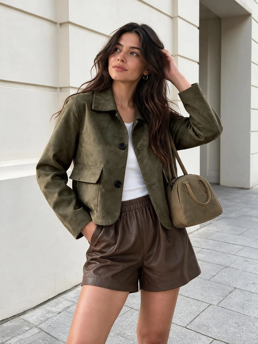 Women's Fashionable Versatile Suede Short Jacket, Suede Short Jacket Round Neck Long Sleeve Short Cropped Jacket, Button Up Winter Oversized Women Coat, Stylish - Camel - View 1