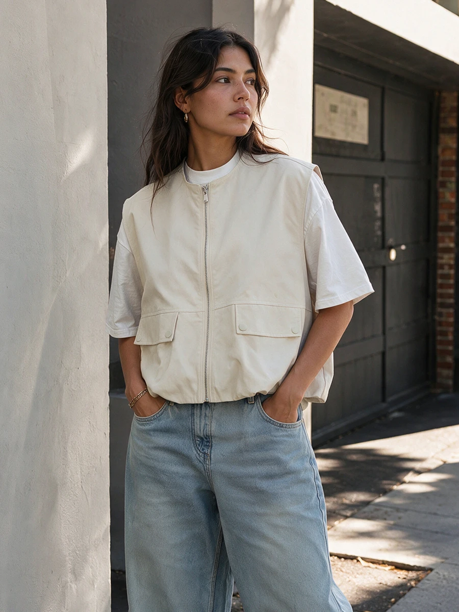 Women's Casual Solid Color Round Neck Zipper Sleeveless Jacket, Utility Style Pleated Hem Sleeveless Top, Street Style Spring Vacation Vest Summer - Light Grey - View 1