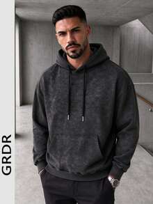 GRDR Men's Autumn/Winter Casual Streetwear Distressed Washed Thermal Lined Loose Fit Hoodie - Black - View 1