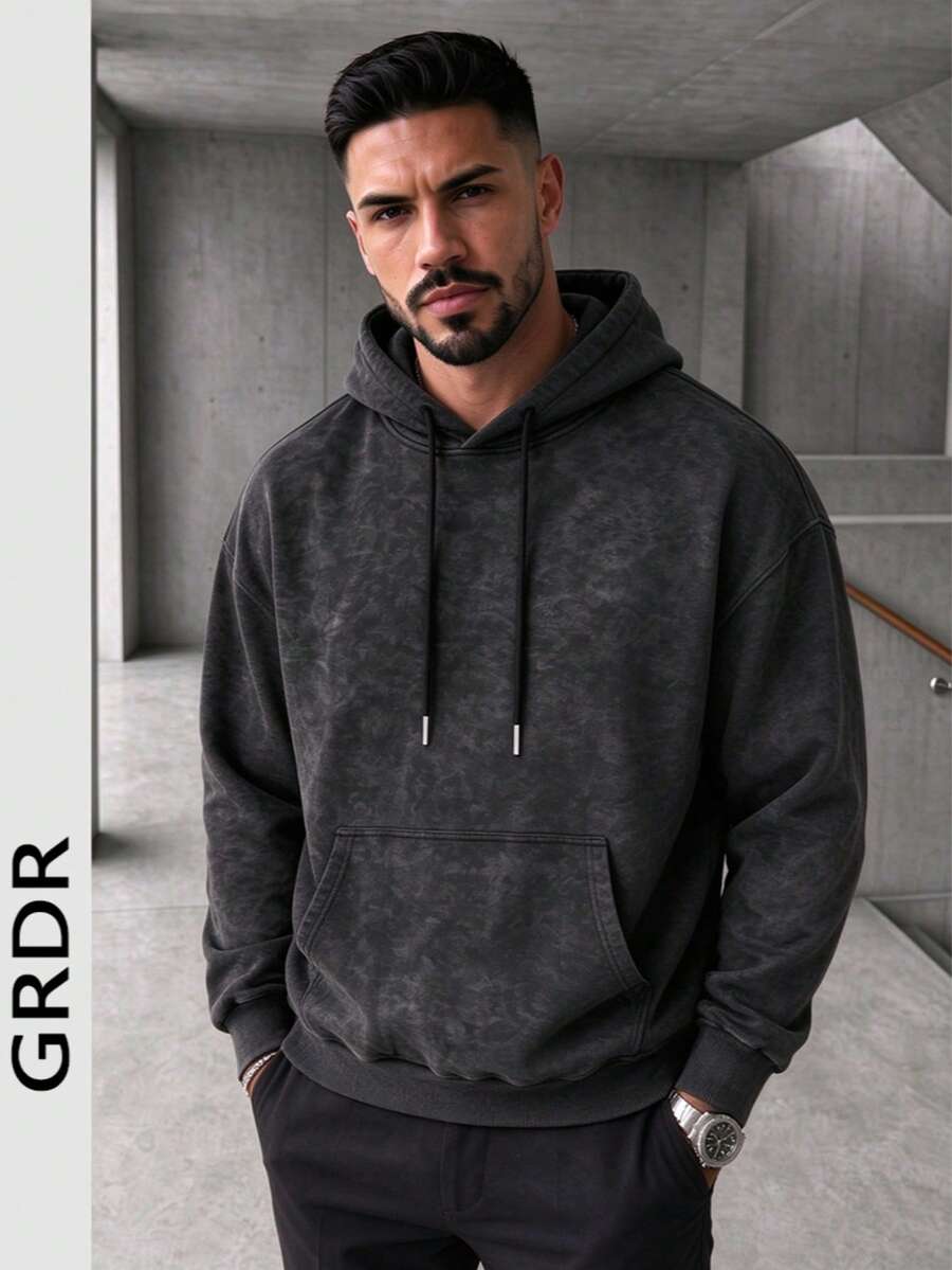 GRDR Men's Autumn/Winter Casual Streetwear Distressed Washed Thermal Lined Loose Fit Hoodie - Black - View 1
