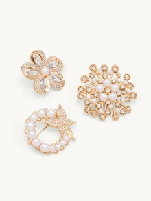 Farahzel 3pcs Vintage Faux Pearl Rhinestone Butterfly Flower Brooch Set, Elegant Accessory, Christmas Gift, Holiday Jewelry - Gold - View 4