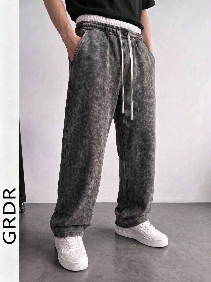 GRDR Men's Grey Distressed Tie-Dye Sweatpants, Dual-Tone Contrast Waistband, Drawstring Loose Wide Leg, High Street Style Floor-Length Casual Pants