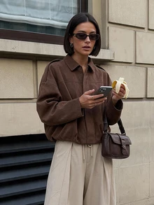 Women's Regular Faux Suede Long Sleeve Single-Breasted Loose Casual Jacket Brown Fall - Brown - View 2