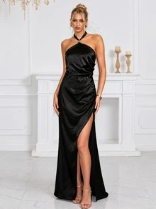 Women's Satin Backless Maxi Dress, Fitted & Slimming, With Slit & Pleated Design, Suitable For Bridesmaid, Birthday Party, Evening Occasions - Black - View 1