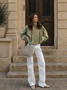 Women Fall Elegant Casual Green Stand Collar Long Sleeve Short Jacket For Daily Vacation Going Out - Olive Green - View 3