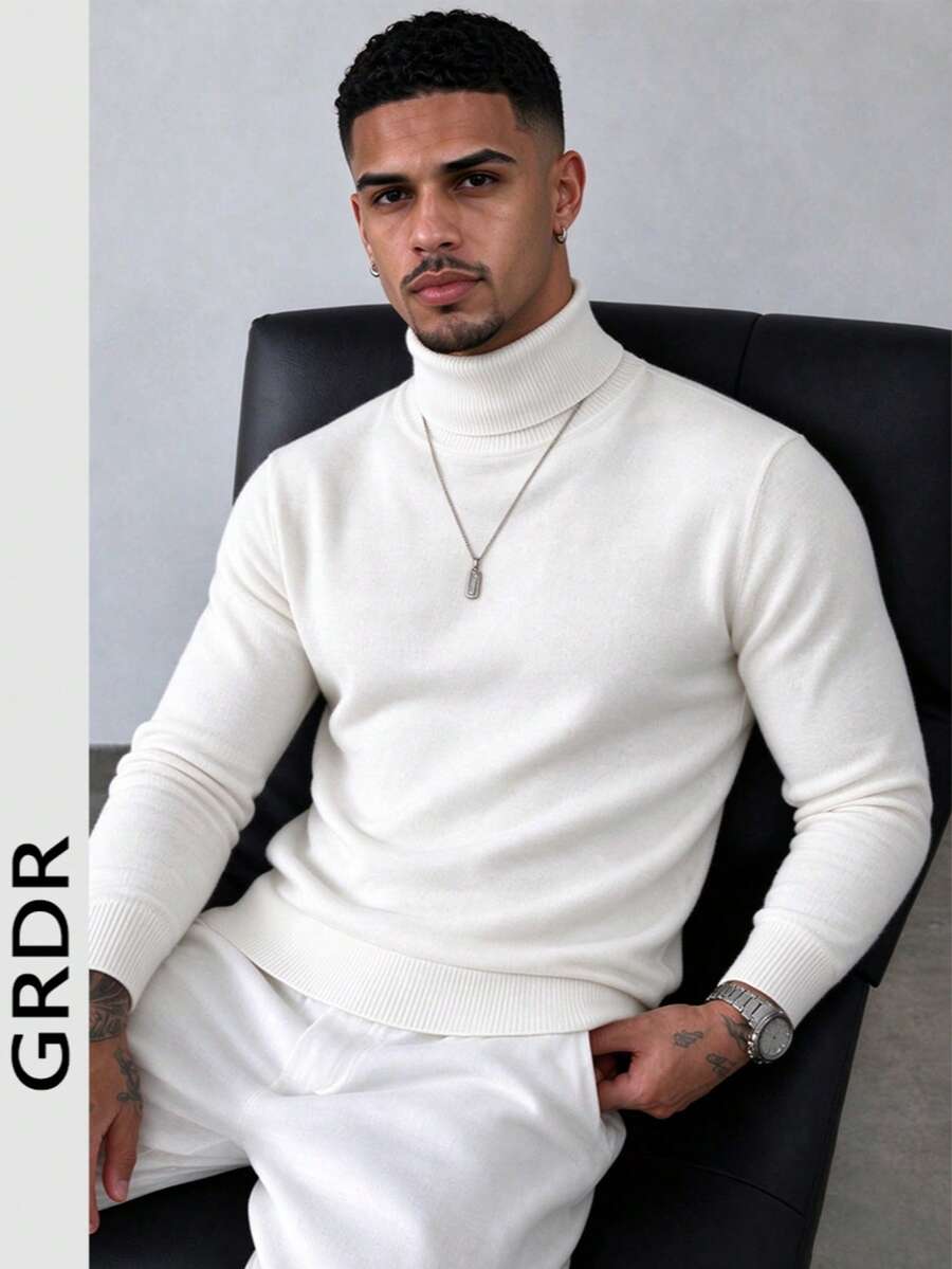 GRDR Men's Autumn/Winter New High Neck Long Sleeve Knit Sweater - White - View 1