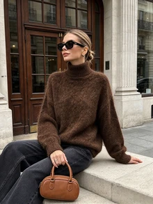 Women's Soft Fleece Knit Sweater, Solid Color High Neck Drop Shoulder Loose Pullover, Warm Fuzzy Casual Daily Top, Autumn/Winter - Brown - View 2