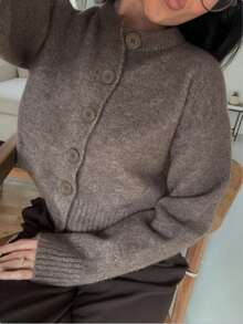 Women's Plus Size Solid Color Dropped Shoulder Long Sleeve Single-Breasted Knit Cardigan - Brown - View 1