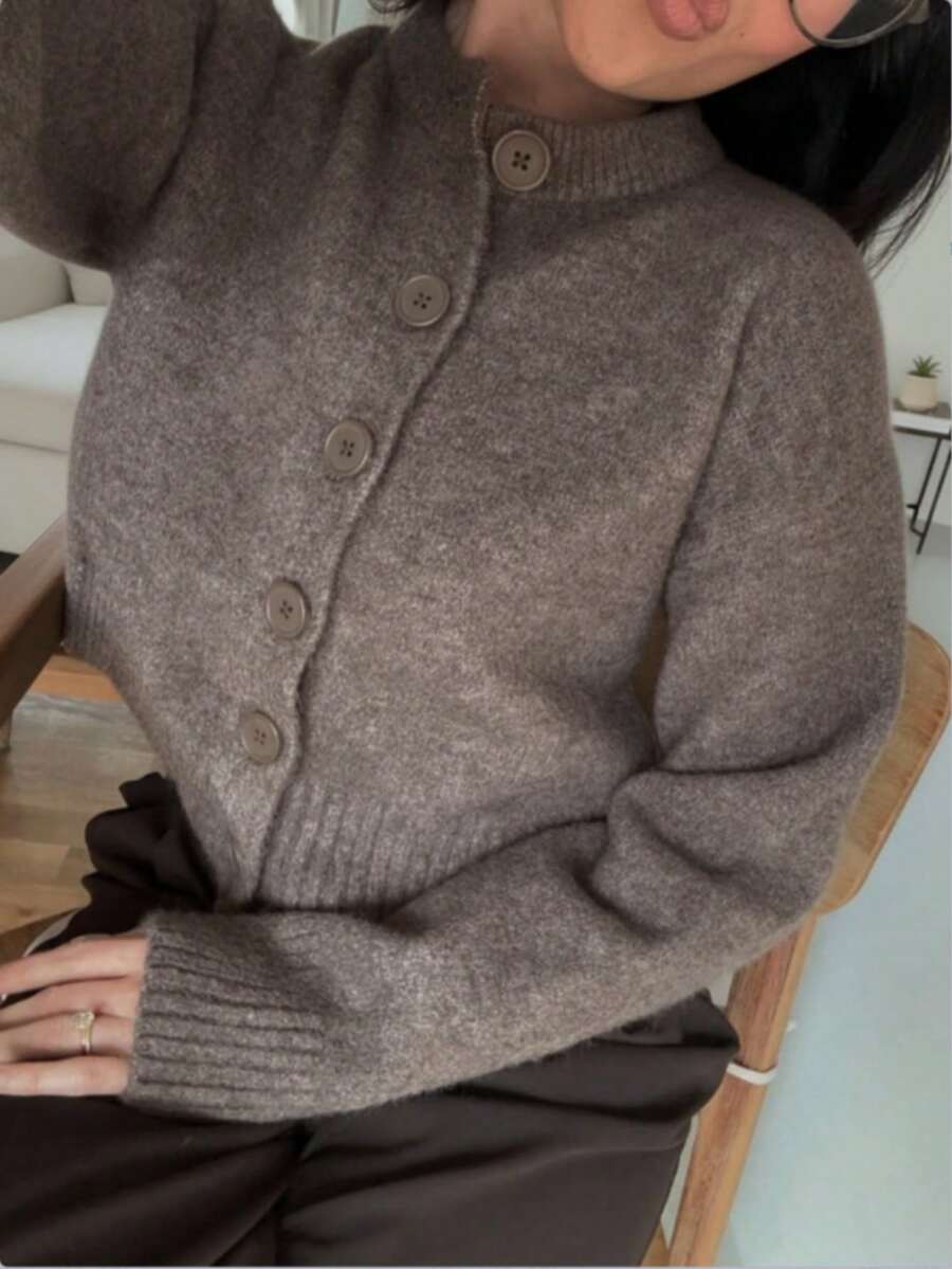 Women's Plus Size Solid Color Dropped Shoulder Long Sleeve Single-Breasted Knit Cardigan - Brown - View 1