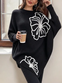 Women's Autumn/Winter Round Neck Colorblock 3D Floral Crochet Loose Fit Versatile Knit Pullover, Suitable For Daily Wear - Black - View 2