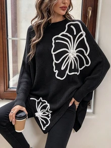 Women's Autumn/Winter Round Neck Colorblock 3D Floral Crochet Loose Fit Versatile Knit Pullover, Suitable For Daily Wear - Black - View 1