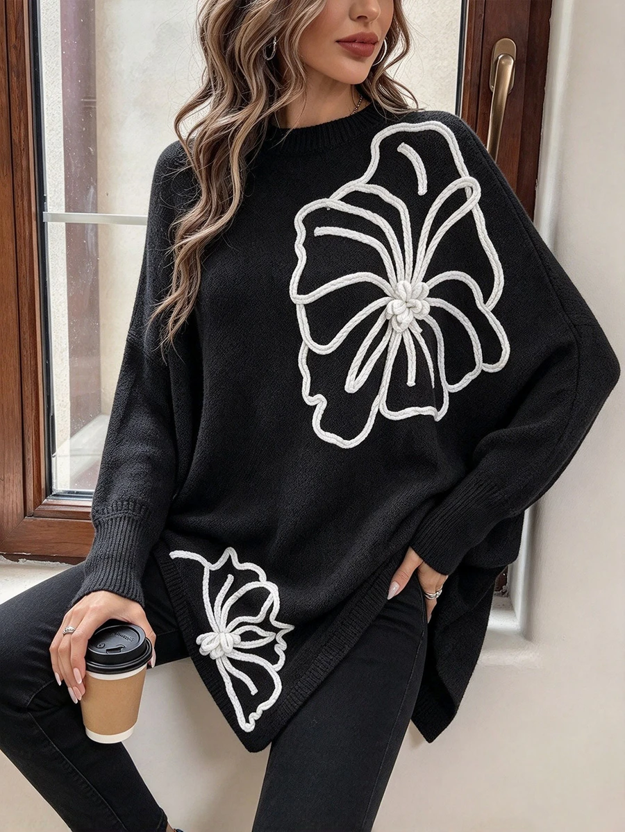Women's Autumn/Winter Round Neck Colorblock 3D Floral Crochet Loose Fit Versatile Knit Pullover, Suitable For Daily Wear - Black - View 1