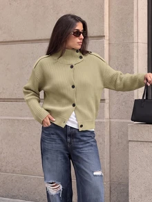Women's High Neck Ribbed Button-Front Knit Cardigan Sweater, Solid Color Long Sleeve Top For Autumn - Olive Green - View 1