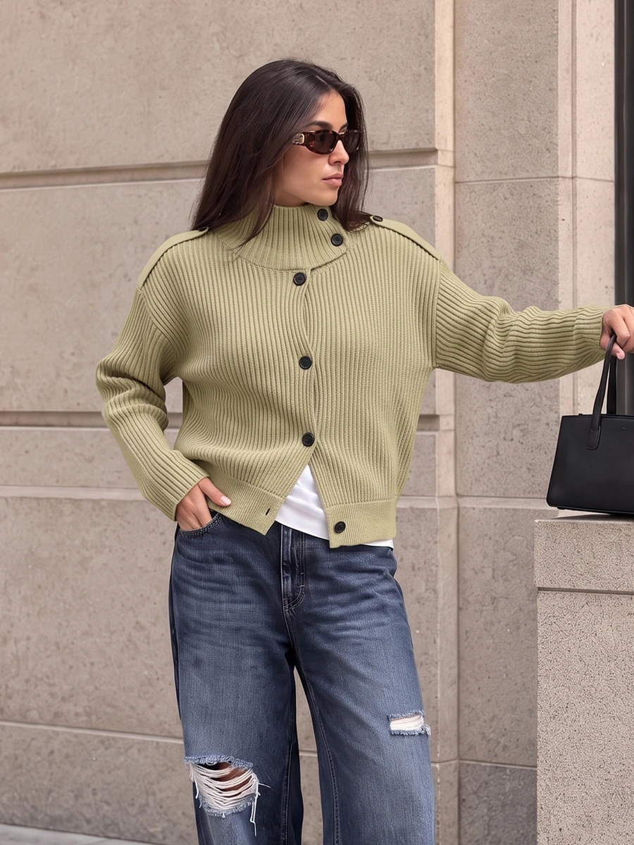 Women's High Neck Ribbed Button-Front Knit Cardigan Sweater, Solid Color Long Sleeve Top For Autumn - Olive Green - View 1