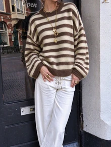 Women's Round Neck Striped Colorblock Long Sleeve Loose Knit Pullover, Vintage Street Style Versatile Autumn/Winter Sweater, Soft Daily Date Commute Outfit - Multicolor - View 1