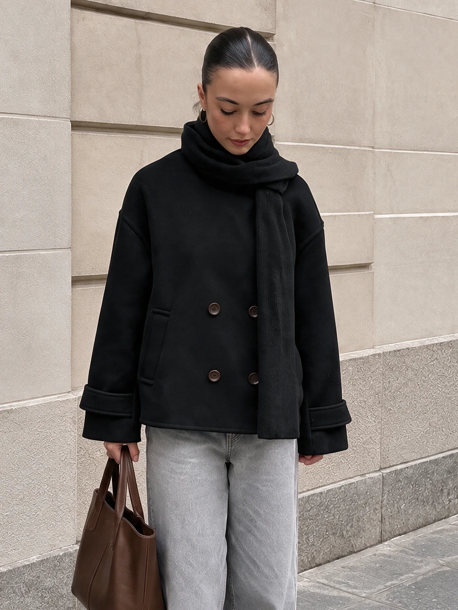Autumn New Women's Elegant High Neck Overcoat, Solid Color Double-Breasted Casual Overcoat - Black - View 1