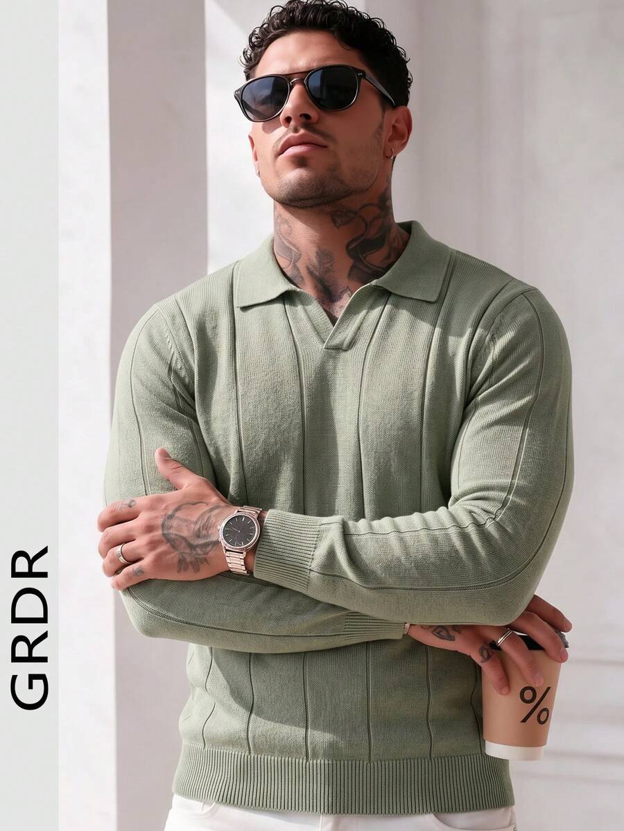 Men's Collared Knit Sweater, Vertical Striped Slimming Versatile Long Sleeve Top - Green - View 1