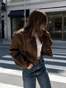 Women's Brown Loose Fit Aviator Jacket, Front Button Closure, Short Casual Outerwear, With Decorative Faux Pockets - Coffee Brown - View 9
