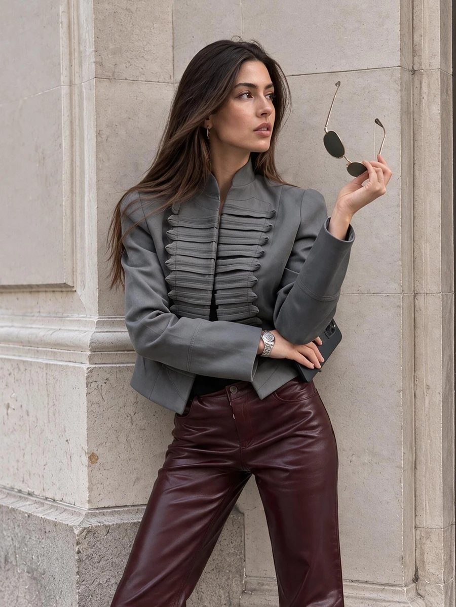 European Design Grey Pleated Short Blazer Jacket For Women, Slim Fit Flattering Commuter Jacket Top - Grey - View 1