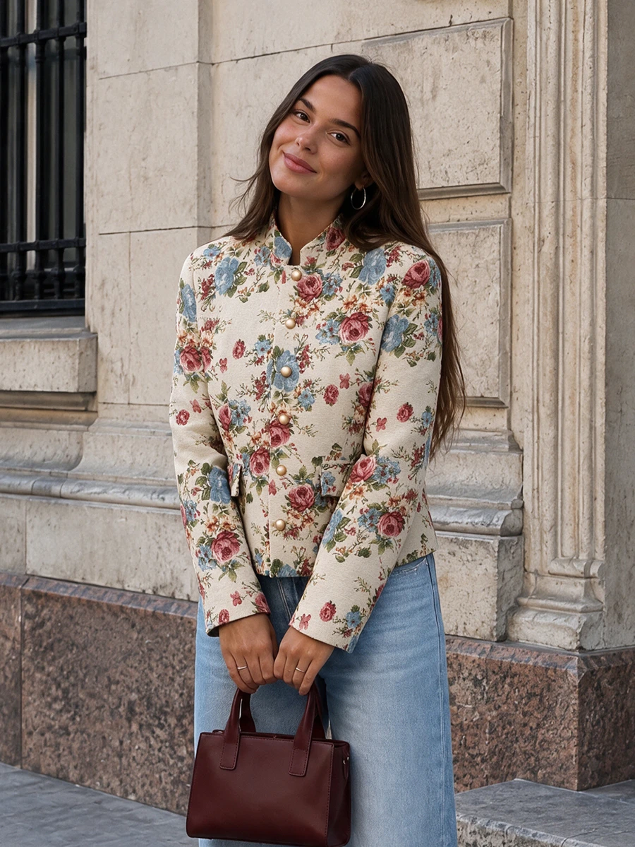 Women's Vintage Jacquard Jacquard Jacket, Elegant Autumn/Winter Stand Collar Short Jacket - Apricot - View 1