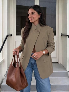 Women's Elegant Stand Collar Single Button Blazer, Fashionable Office Commute Outfit, Suitable For Spring And Autumn - Brown - View 1