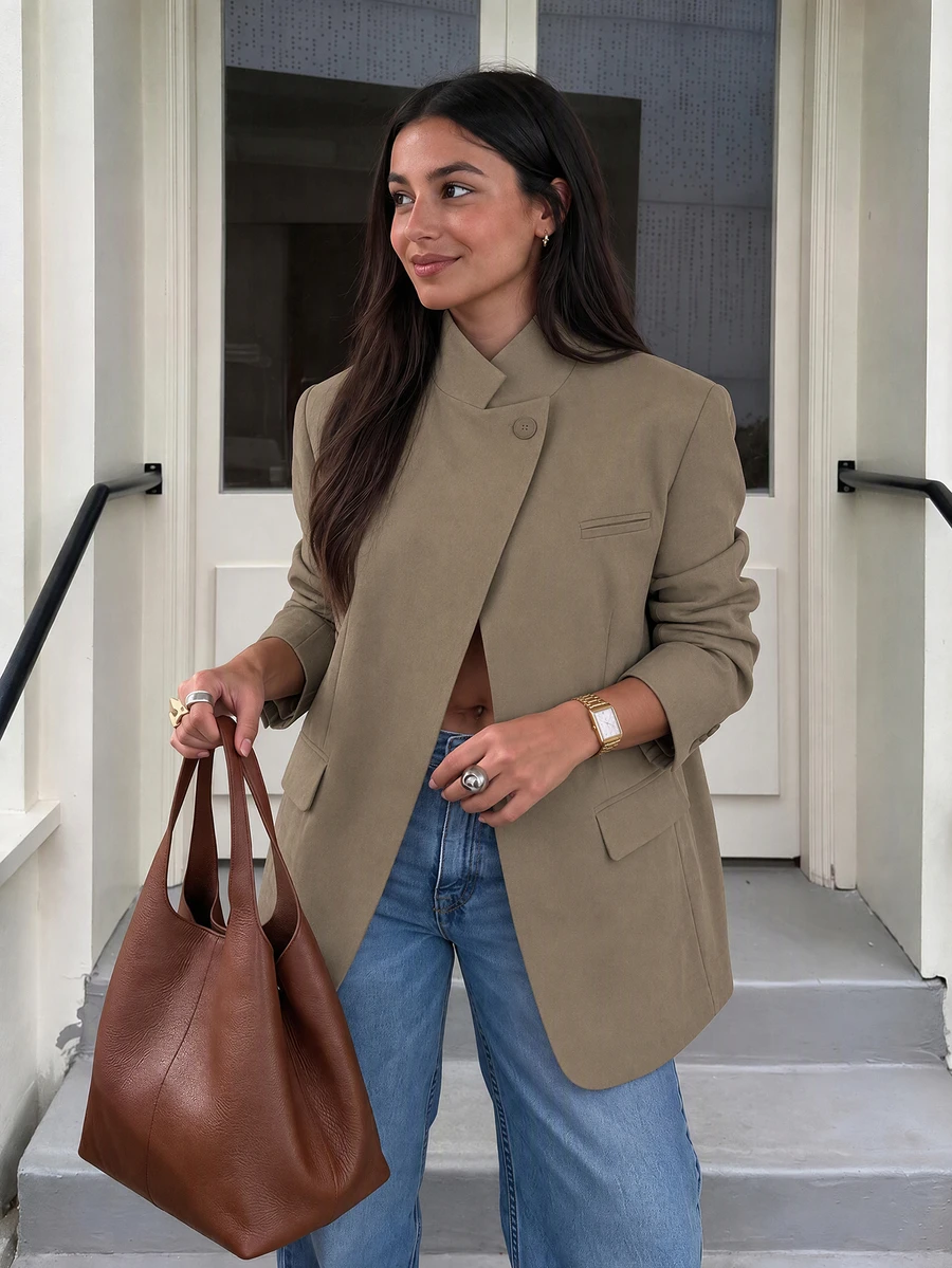 Women's Elegant Stand Collar Single Button Blazer, Fashionable Office Commute Outfit, Suitable For Spring And Autumn - Brown - View 1