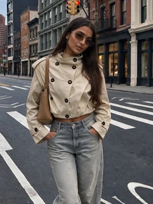 Fashionable Double-Breasted Top, High Neck Jacket Style Casual Front Button Jacket, Suitable For Autumn/Winter Wear - Khaki - View 1