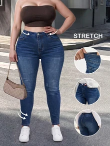 Women's Slim Fit Washed Denim Jeans, Decorated With Cat Whisker Pattern, Medium Stretch Cotton Blend Fabric, Long Length Design, Suitable For Autumn/Winter Wear. - Blue - View 1
