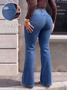 Quần jean denim nữ size lớn ống loe mài rách wash, co giãn vừa, dáng dài, chi tiết râu mèo, thời trang và thoải mái, phù hợp mặc mùa thu - Màu xanh lam - Xem 3