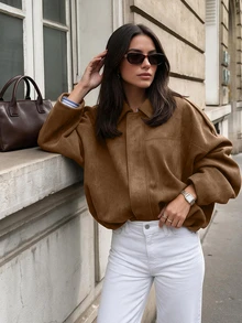 Women's Regular Faux Suede Long Sleeve Single-Breasted Loose Casual Jacket Brown Fall - Brown - View 1
