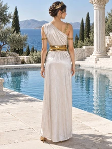 Halloween Elegant Goddess Cosplay Costume, One-Shoulder White Dress With Gold Belt And High Slit Design, Perfect For Theme Parties And Halloween - Champagne - View 3