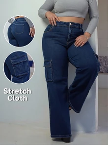 Washed Denim Plus Size Cargo Pants Featuring Practical Pockets And Button Closure With Medium Stretch For Everyday Fashion And Comfort - Blue - View 2