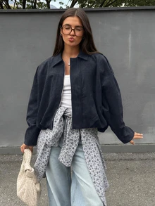 Women's Regular Fit Faux Suede Long Sleeve Single-Breasted Loose Casual Jacket, Suitable For Spring Wear - Navy - View 2