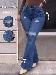 Quần jean denim nữ size lớn ống loe mài rách wash, co giãn vừa, dáng dài, chi tiết râu mèo, thời trang và thoải mái, phù hợp mặc mùa thu - Màu xanh lam - Xem 2